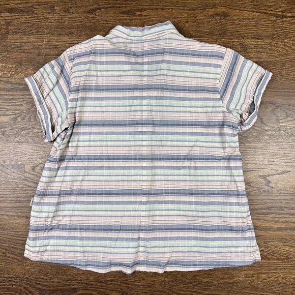 Eddie Bauer Shirt Womens Medium Blue Pink Striped Button Up Short Sleeve Blouse - Picture 8 of 8